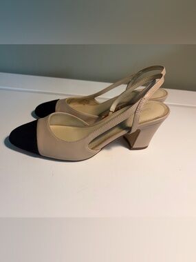Marc Fisher Beige and Black Slingback Mid Heel